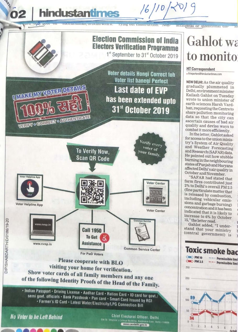 Colour Advertisement on Electors Verification Program Published in leading newspapers 16/10/2019
