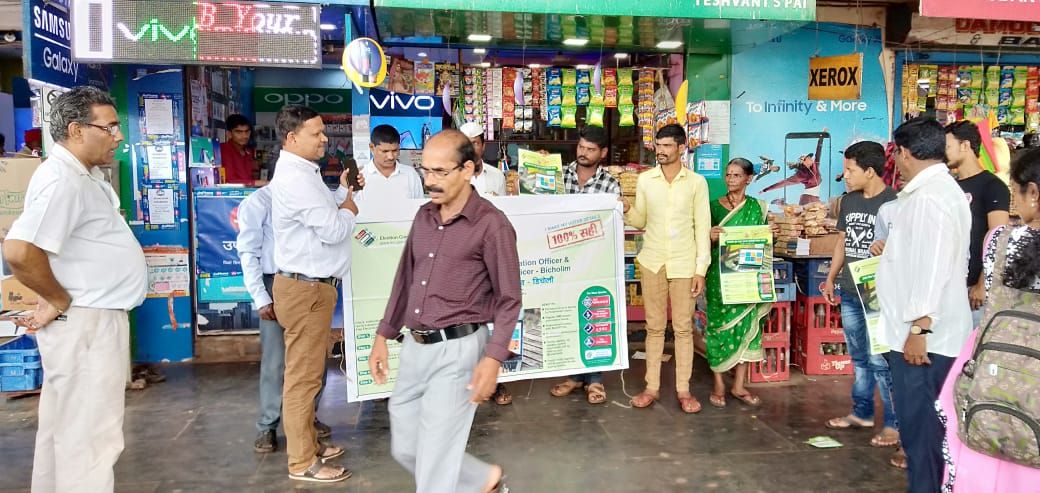 Awareness programme in respect of Elector Verification Programme conducted by team 03 Bicholim A.C on 25.9.19 at KTC Bus Stand Bicholim. The general public were informed to verify their Electoral details through Voter helpline app or National Voter Servic